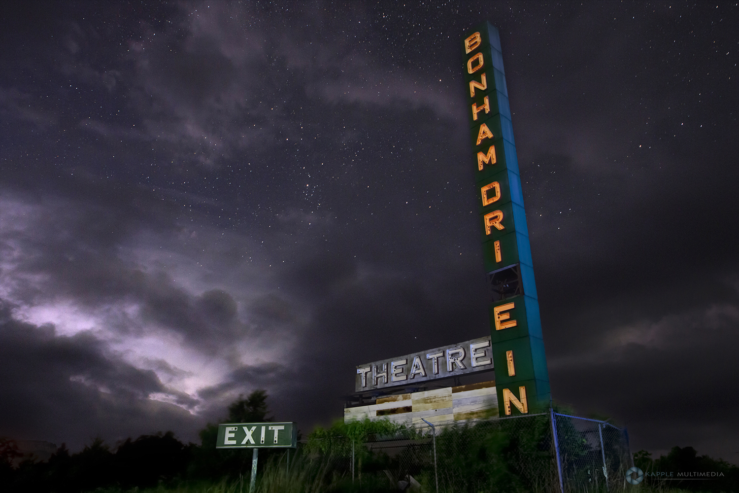 Abandoned old Drive in movie theater at night, East Texas