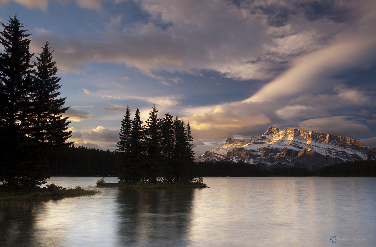 First light during sunrise at Two Jack Lake, Banff, Canada